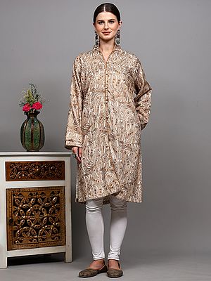 Cannoli-Cream Pure Wool Long Jacket from Kashmir with Intricate Chain Stitch Embroidered Foliage and Side Pockets
