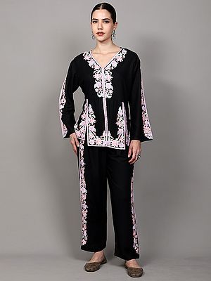 Pure Cotton Co-Ord Set with Aari Embroidered Flowers in Multicolor from Kashmir