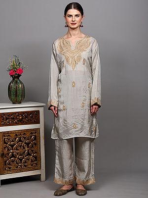 Straight Salwar Suit Set and Intricate Chain Stitch Embroidery from Kashmir