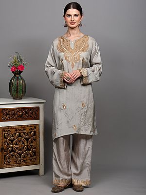 Straight Salwar Suit Set and Intricate Chain Stitch Embroidery from Kashmir
