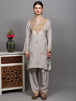 Straight Salwar Suit Set and Intricate Chain Stitch Embroidery from Kashmir