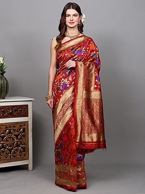 Mars-Red Banarasi Saree with All-Over Zari Woven Roses and Paisley Vine Border