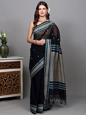 Black-Oyster Pure Cotton Handloom Saree with Woven Bootis and Rudraksha Border from Madurai