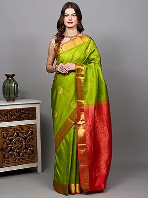Grenoble-Green Saree from Tamil Nadu with Zari Woven Butta and Contrast Paisley Pallu