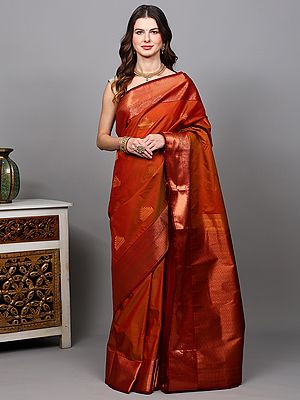 Cinnamon-Stick Temple Border Saree from Bangalore with Woven Ethnic Motifs in Copper Colored Thread