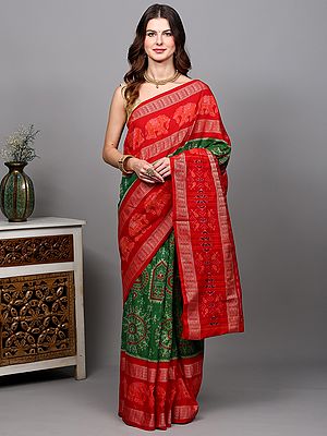Kelly-Green Pure Cotton Ikat Handloom Saree with Woven Warli Art and Fish-Elephant Border from Sambhalpur