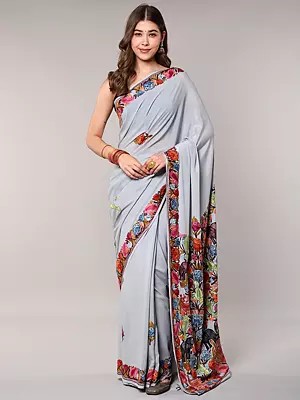 Saree from Kashmir with Aari Embroidered Jungle Scene in Multicolor Thread