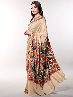 Saree from Kashmir with Aari Embroidered Jungle Scene in Multicolor Thread