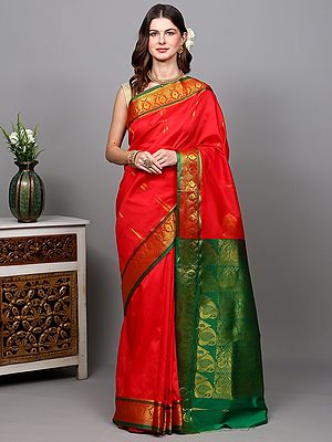 Art Silk Saree with Golden Thread woven Bootis and Temple Border from Banaras