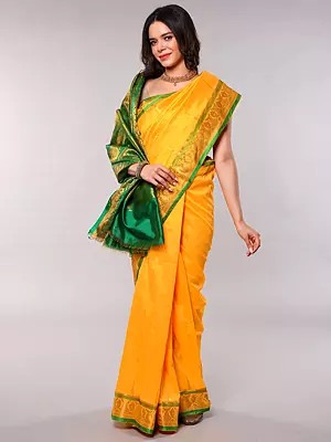 Art Silk Saree with Golden Thread woven Bootis and Temple Border from Banaras