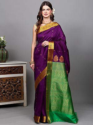 Sparkling-Grape Art Silk Saree with Zari Woven Bootis and Floral Vine Border from Banaras