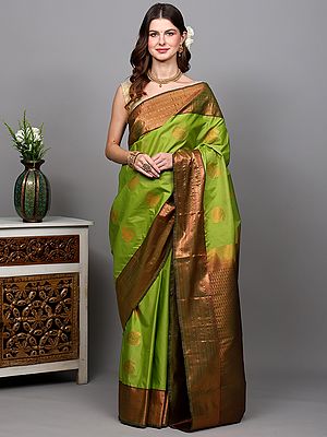 Macaw-Green Paisley Butta Saree with Zari Woven Wide Border from Bangalore
