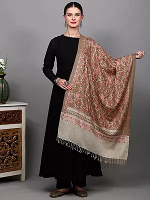 Wool Stole with Intricate Aari Embroidered Floral Vine and Contrast Palla from Amritsar