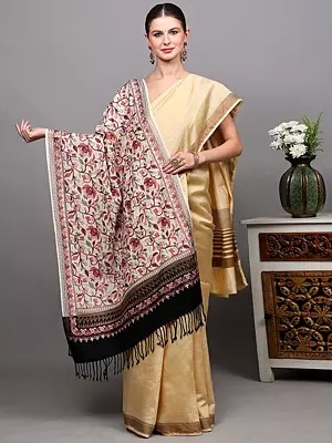 Wool Stole with Intricate Aari Embroidered Floral Vine and Contrast Palla from Amritsar