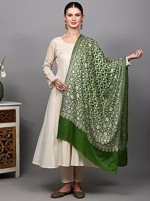 Wool Stole with Chain Stitch Thread Embroidered Floral Jaal from Amritsar