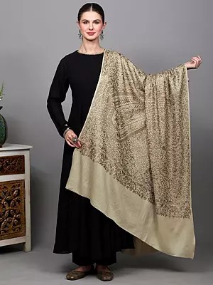 Shawl with Intricate Thread Embroidered Paisleys and Floral Leaves All-Over
