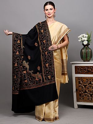 Black-Sand Wool Shawl with Sozni Embroidered Flowers and Paisleys