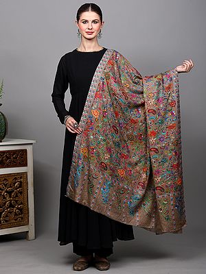 Light-Taupe Kalamkari Embroidered Shawl with Multicolor Paisleys-Flowers Motifs from Amritsar