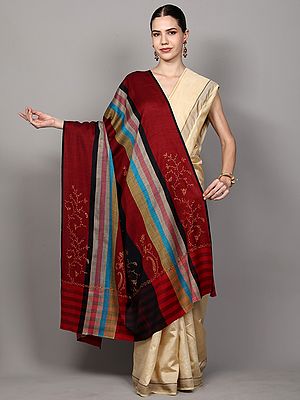 Scarlet-Sage Shawl with Woven Multi Stripes and Sozni Embroidery