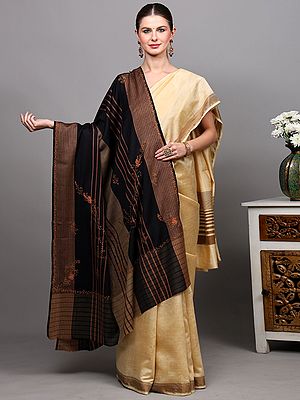 Tap-Shoe Sozni Embroidered Shawl with Floral Motifs and Woven Stripes