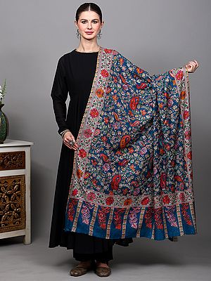Lyons-Blue Kalamkari Embroidered Shawl with Floral Paisleys Vine from Amritsar