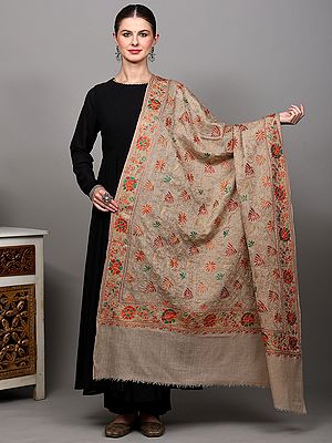 Almond-Milk Shawl with All-Over Golden Thread Embroidered Floral Vines