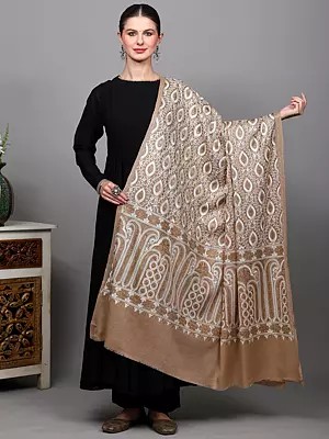 Diamond Weave Shawl with Aari Embroidered Floral Quatrefoil Patterns