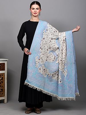 Star-White Shawl with Sozni Embroidered Floral Sprigs and Paisley Woven Contrast Border