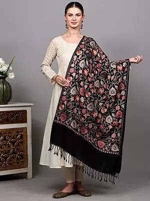 Wool Stole from Punjab with Multicolor Thread Embroidered Paisleys Floral Vine