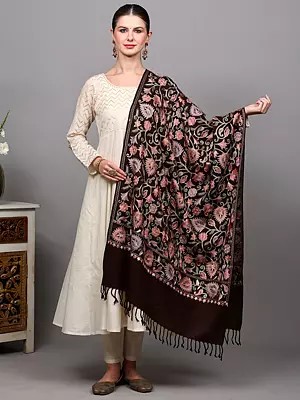 Wool Stole from Punjab with Multicolor Thread Embroidered Paisleys Floral Vine