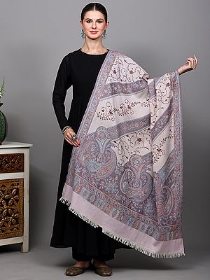 Slightly-Pink Sozni Embroidered Wool Shawl with Woven Giant Paisleys-Flowers