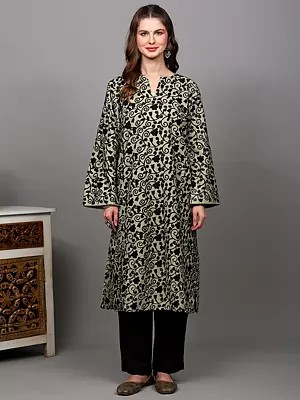 Wool Phiran from Kashmir with Aari Embroidered Sprig Vines All-Over and Side Pockets