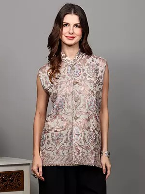 Sleeveless Short Jacket with Chain Stitch Thread Embroidered Flowers in Multicolor and Front Pockets