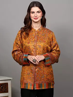 Golden-Yellow Kani Jamawar Short Jacket with Woven Paiselys Jaal