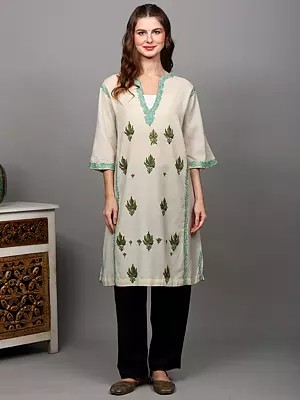 Cannoli-Cream Half Sleeve Phiran with Aari Embroidered Maple Leaves from Kashmir