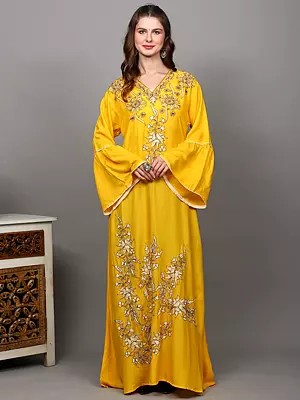 Spectra-Yellow Flute Sleeves Kashmiri Gown with Aari Embroidered Flowers