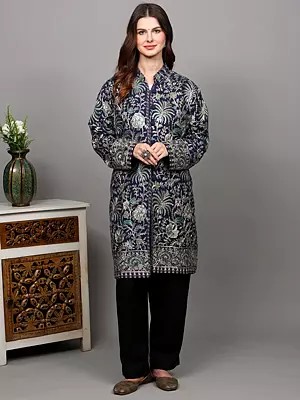 Pure Wool Long Jacket with All-Over Intricate Embroidered Flowers in Multicolor Threads