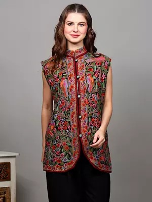 Black-Beauty Pure Wool Sleeveless Jacket with Heavily Detailed Aari Hand-Embroidered Birds on Tree Branch