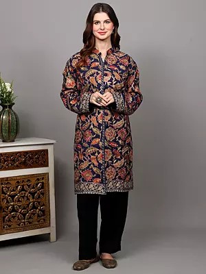 Estate-Blue Pure Wool Long Jacket with Dense Floral Embroidery in Multicolor Threads