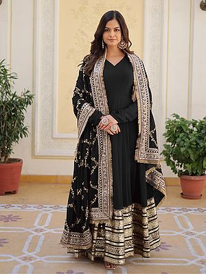 Faux Georgette Plain Sequins Work Party Wear Gown With Matching Dupatta