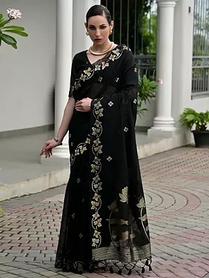 Pure Linen Silk Saree With Zari Floral Border And Pichwai Pallu