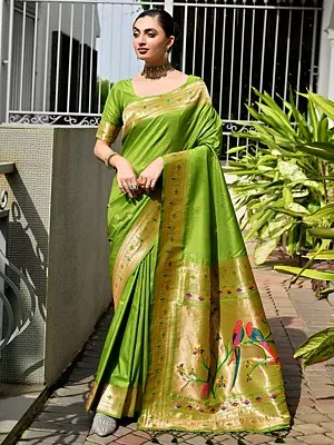 Traditional Paithani Silk Saree With Meenakari Pallu And Zari Border