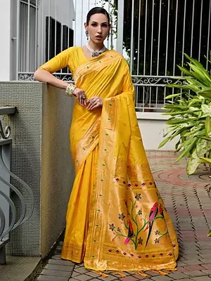 Traditional Paithani Silk Saree With Meenakari Pallu And Zari Border