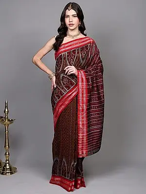 Glazed-Ginger Ikat Saree with Woven Contrast Rudraksha Boder from Sambhalpur