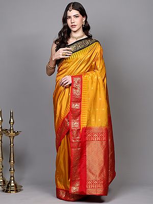 Saree from Bangalore and Contrast Temple Border with Intricate Zari woven Peacocks