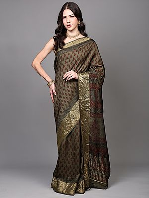 Burnt-Olive Bootis Printed Dola Silk Saree with Paisleys Pallu and Golden Border