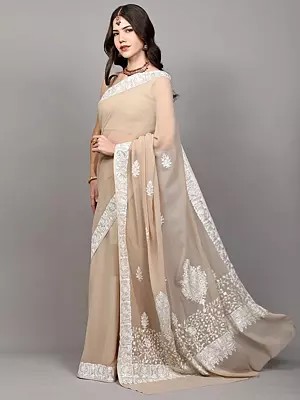 Volcanic-Glass Kashmiri Saree with Aari Embroidered Paisleys and Flowers Border-Pallu