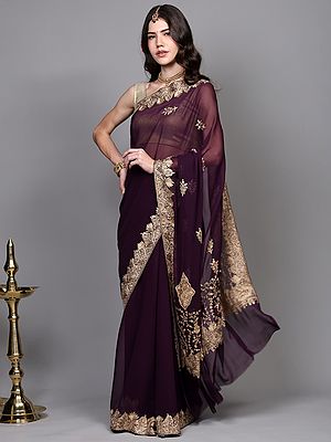 Deep-Purple Georgette Saree from Kashmir with Aari Embroidered Floral Paisleys Border and Pallu