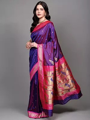 Royal-Purple Paithani Saree with Zari woven Paisley Bootis and Peacocks on Anchal