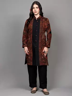 Stretch-Limo Long Jacket with Woven Flowers-Paisleys and Aari Embroidery